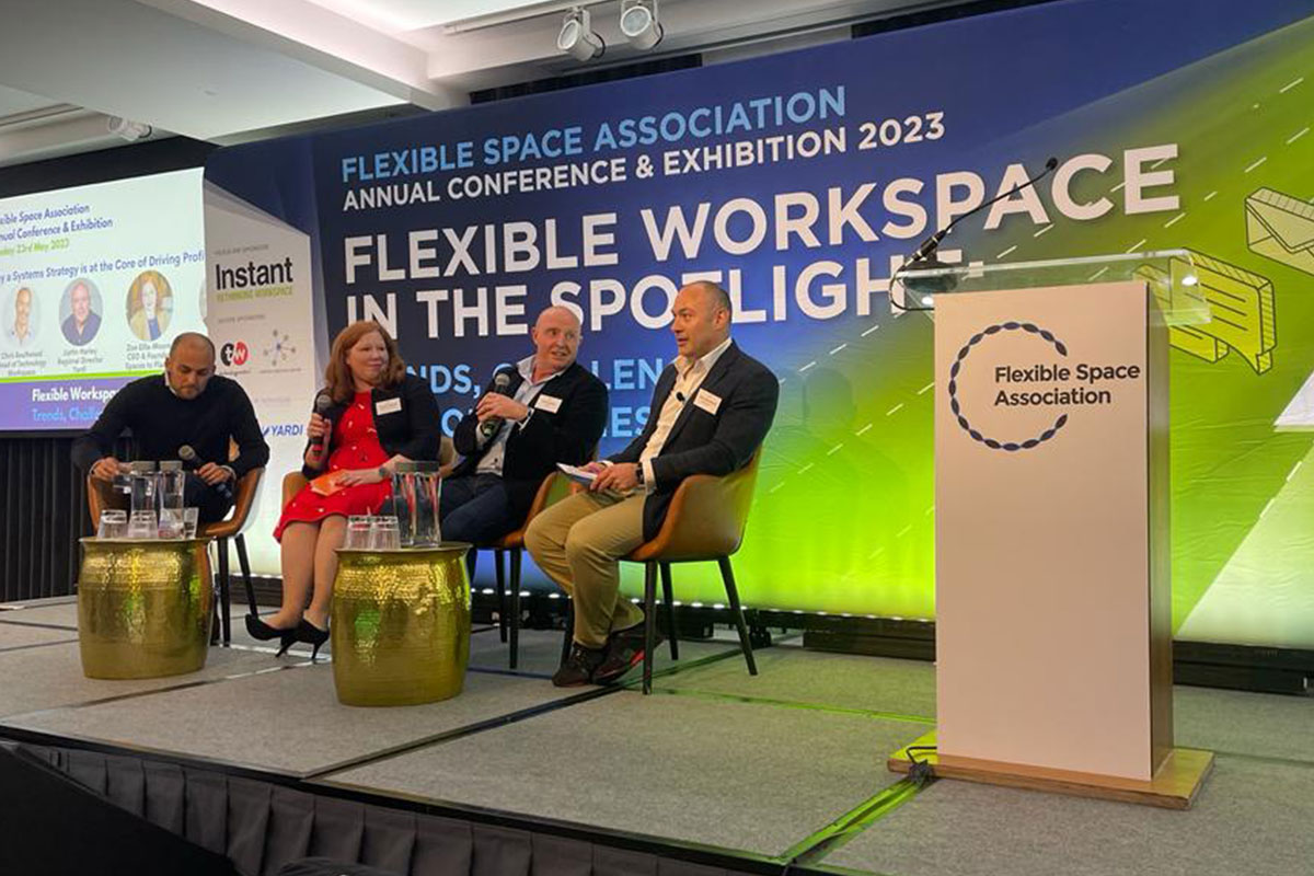 Coworking and flexible workspace conference, FlexSA 2023 - panel of Jonny Rosenblatt from Spacemade, Zoe Ellis-Moore from Spaces to Places, Justin Harley from Yardi and Chris Boultwood from Workspace