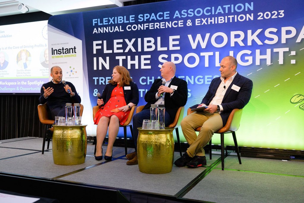 FlexSA 2023 Conference, panel of Jonny Rosenblatt from Spacemade, Zoe Ellis-Moore from Spaces to Places, Justin Harley from Yardi and Chris Boultwood from Workspace discussing how technology can help drive profits and services within coworking and flexible workspaces